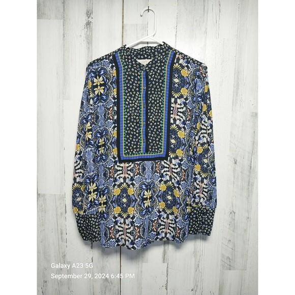 Ann Taylor LOFT Women Green Blue Yellow Long Sleeve Blouse Medium - Picture 1 of 6
